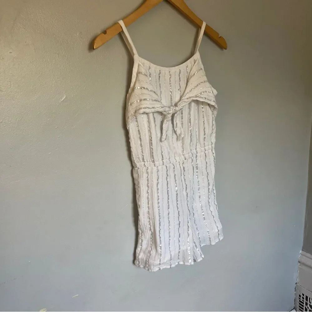 Justice Girl’s Bow Front Silver Sripe Spaghetti Strap Romper Medium White 10